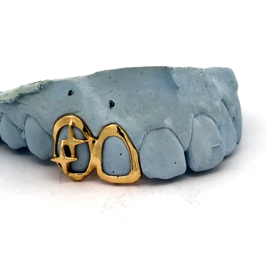 Custom 2 Teeth - 3D Double Star + Open Face Window Grillz