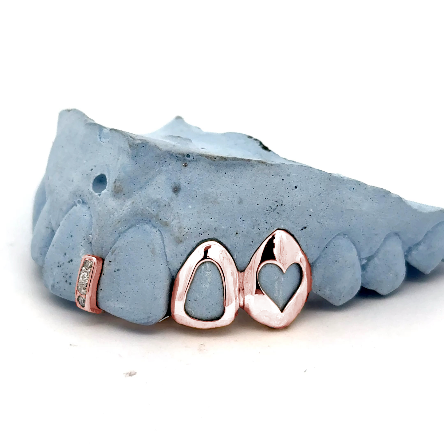 Custom 3 Teeth - Open Face Heart + Open Face Window + Center Gem Gap Tooth Grillz