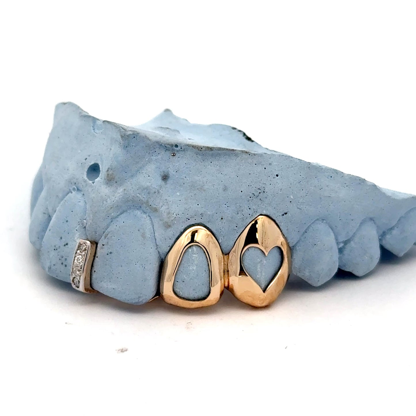 Custom 3 Teeth - Open Face Heart + Open Face Window + Center Gem Gap Tooth Grillz