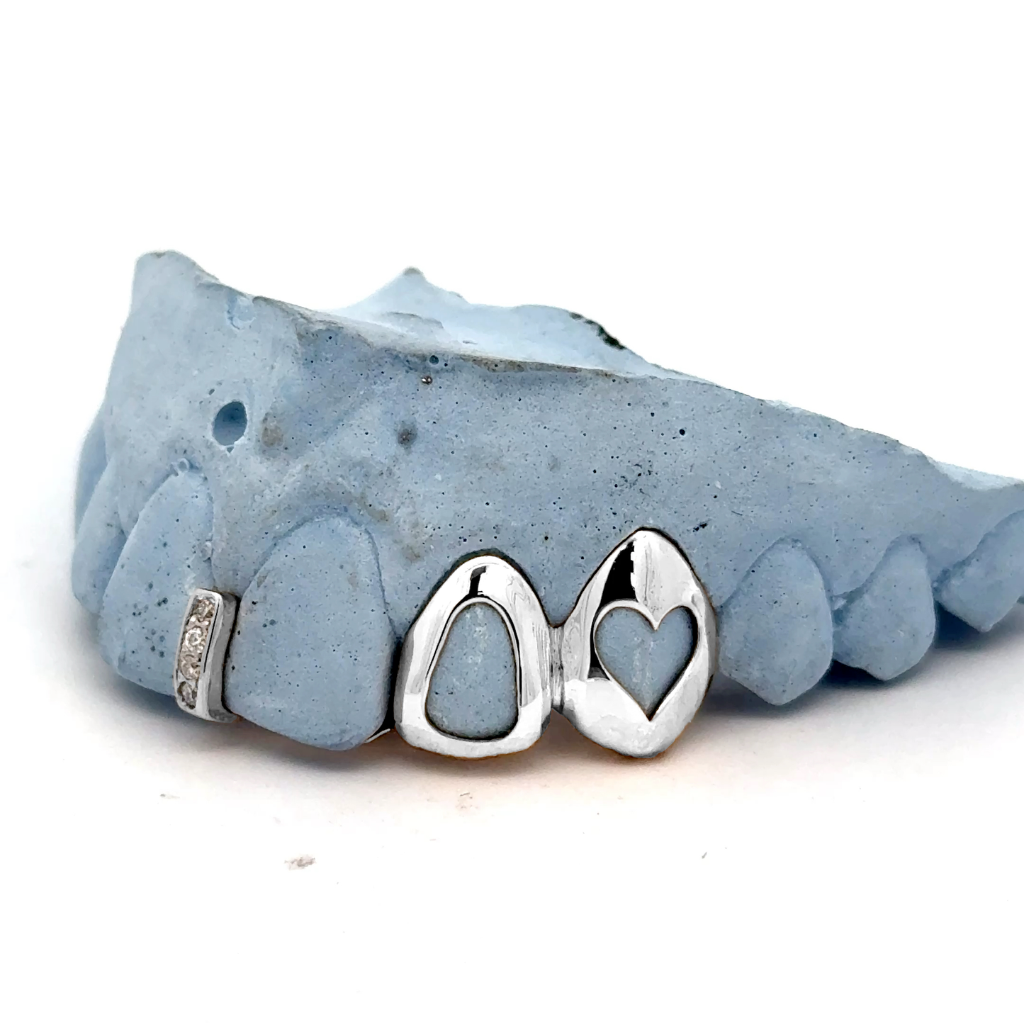 Custom 3 Teeth - Open Face Heart + Open Face Window + Center Gem Gap Tooth Grillz