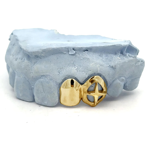 Custom 2 Teeth - 3D Star + Open Face Window Grillz